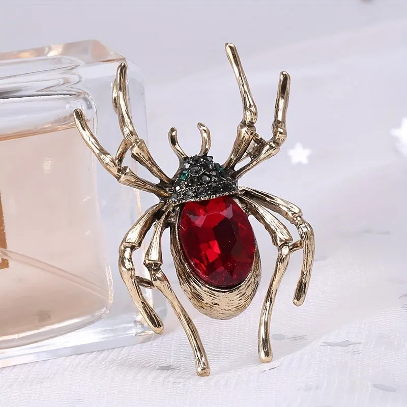 Inlaid Red Faux Gems Spider Shape Zinc Alloy Brooch Pin Simple Style Animal Theme Brooch For Women Girls LJH25