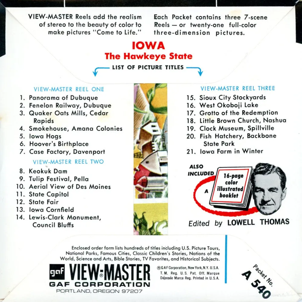 IOWA - Map Series - A540 - Vintage Classic View-Master 3 Reel Packet - 1960's views