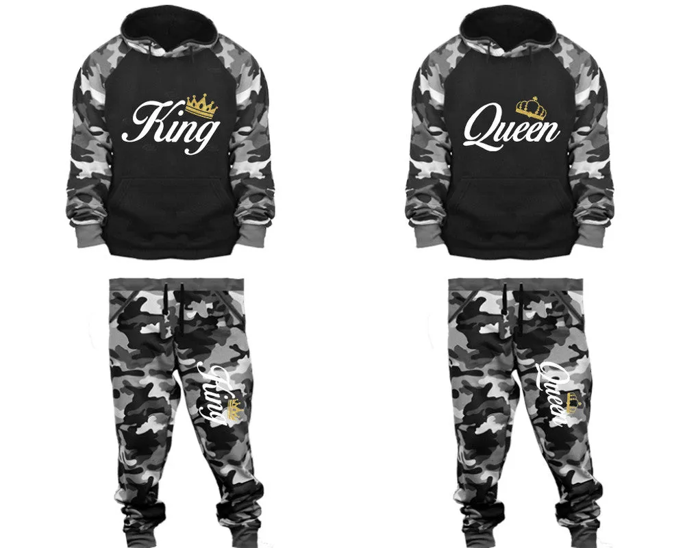 King Queen Couple Matching Camo Hoodies and Camo Jogger Pants Sold Separately