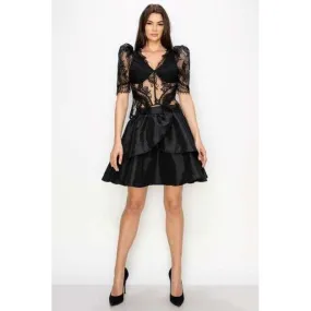 Lace Corset Balloon Sleeve Top - Black