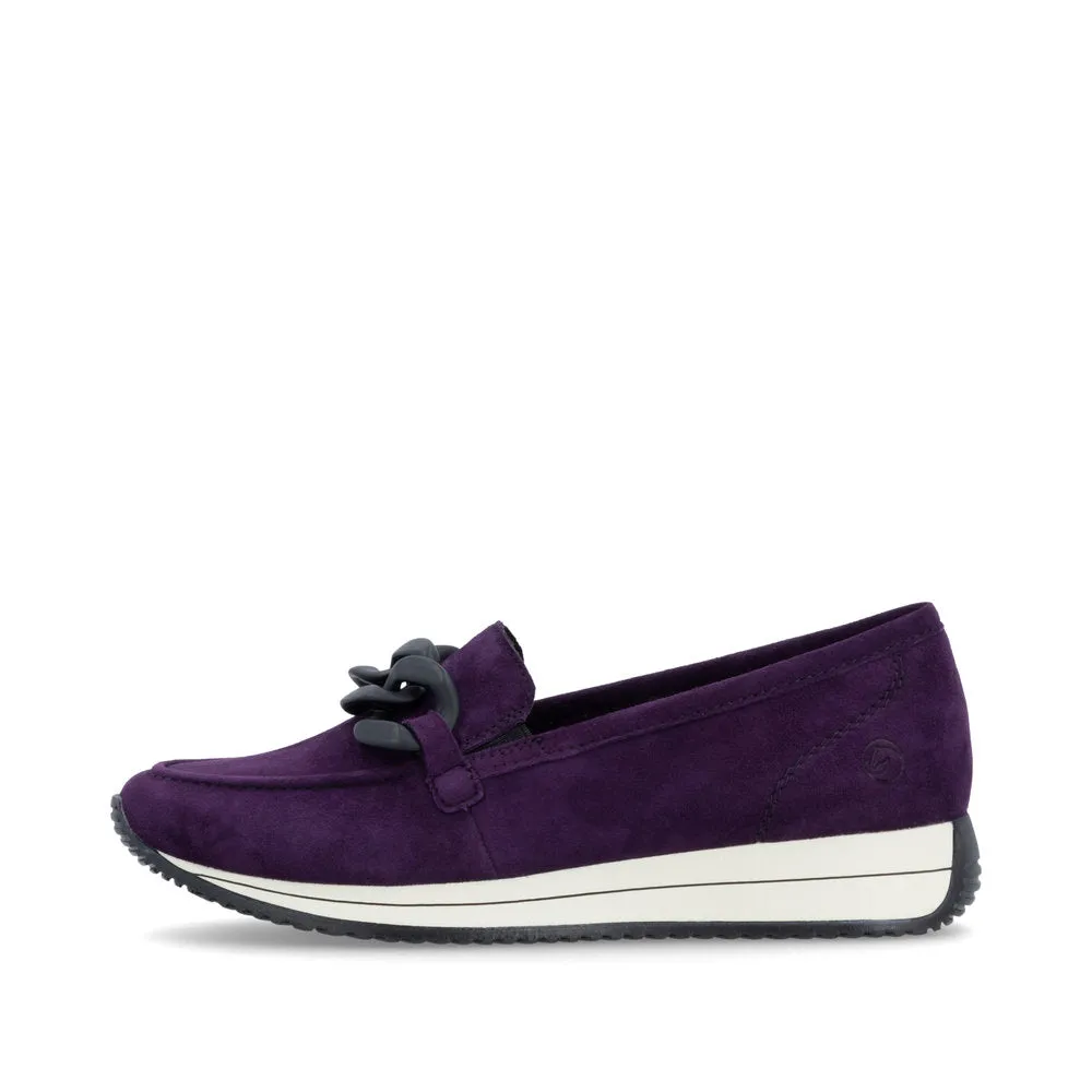 Ladies Remonte Slip On Shoes With Buckle Detail Aubergine Suede D0H10-30