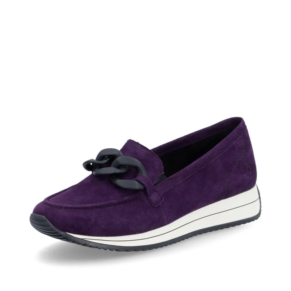 Ladies Remonte Slip On Shoes With Buckle Detail Aubergine Suede D0H10-30