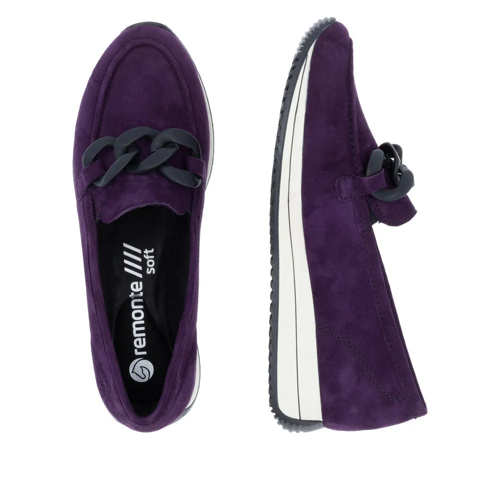 Ladies Remonte Slip On Shoes With Buckle Detail Aubergine Suede D0H10-30