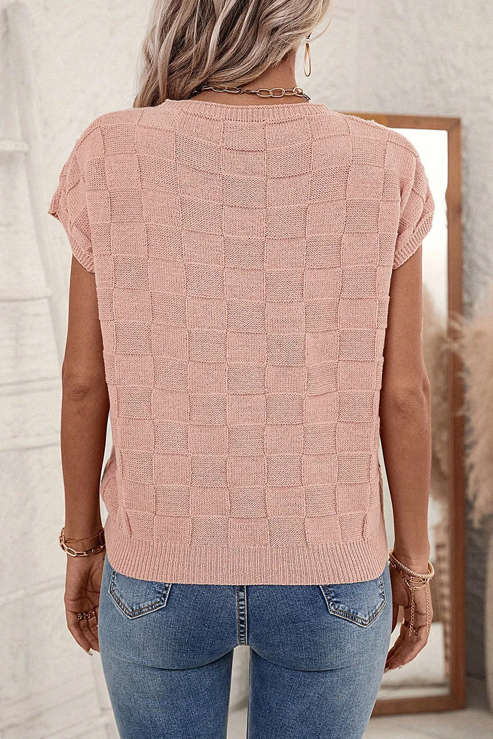 Lattice Textured Knit Short Sleeve Sweater