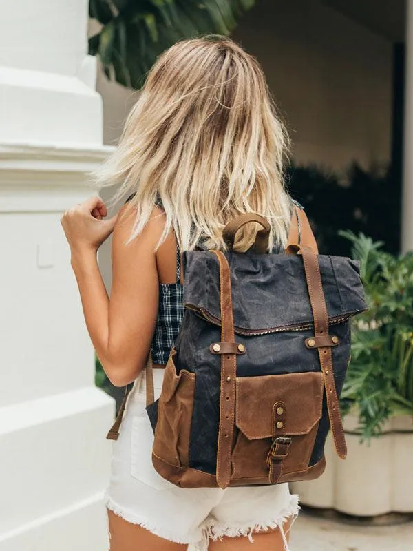 Leather and Canvas Backpack, DSLR Camera Bag, Camera Backpack, School Backpack