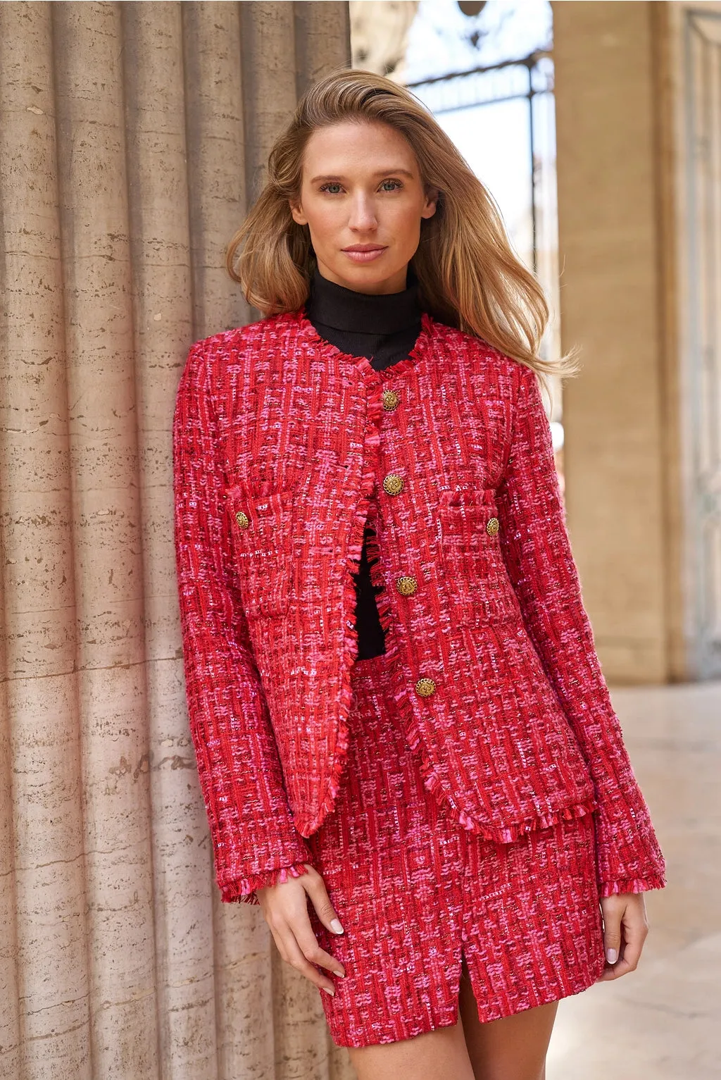 Magenta Tweed Mini Skirt