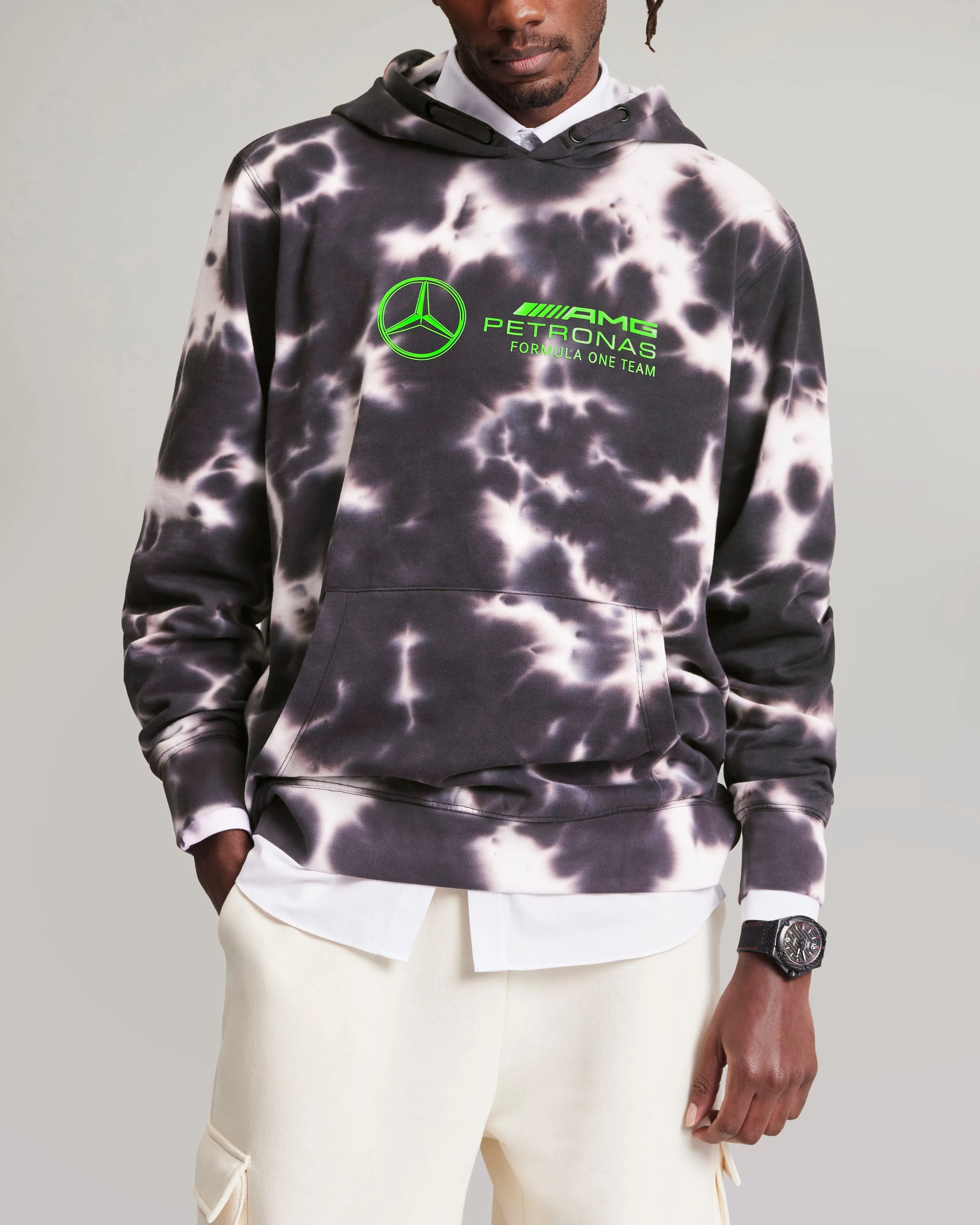 Mens Tie Dye Hoody Grey/Volt Green