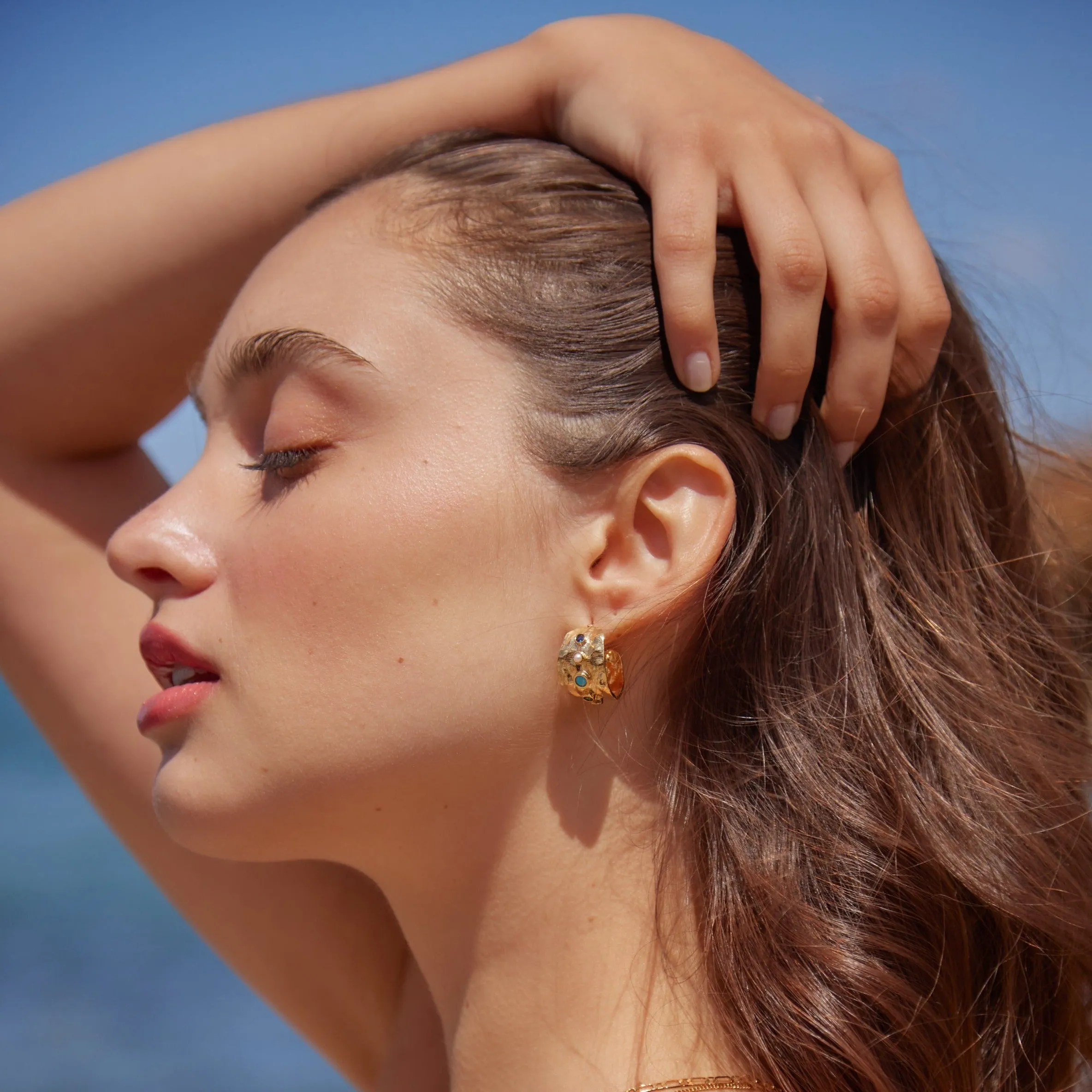 Mixed Stone Textured Domed Hoop Earrings