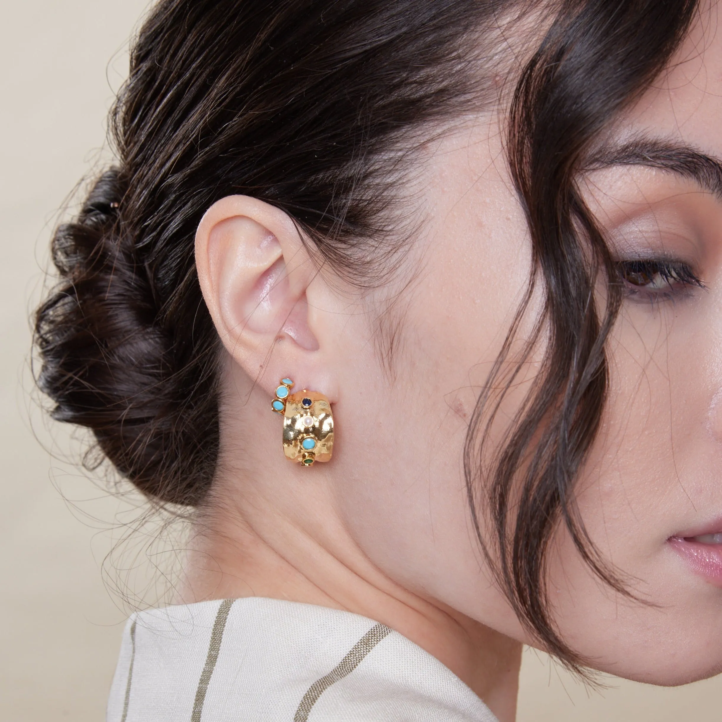 Mixed Stone Textured Domed Hoop Earrings