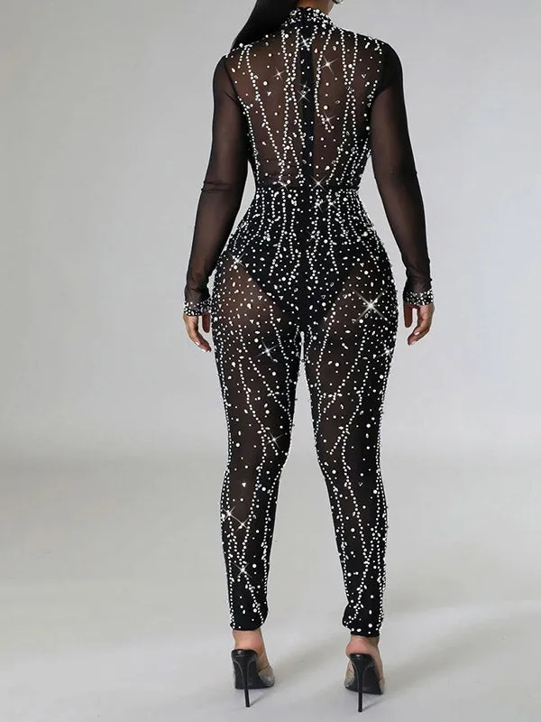 Momnfancy Chic Black Rhinestones Sparkly Pearl Grenadine Transparent Bodycon Party Photoshoot Maternity Jumpsuit