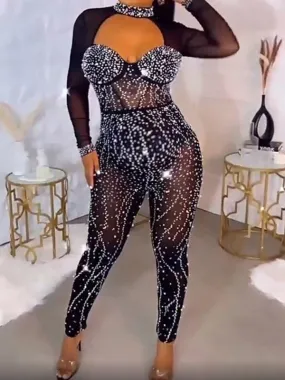 Momnfancy Chic Black Rhinestones Sparkly Pearl Grenadine Transparent Bodycon Party Photoshoot Maternity Jumpsuit