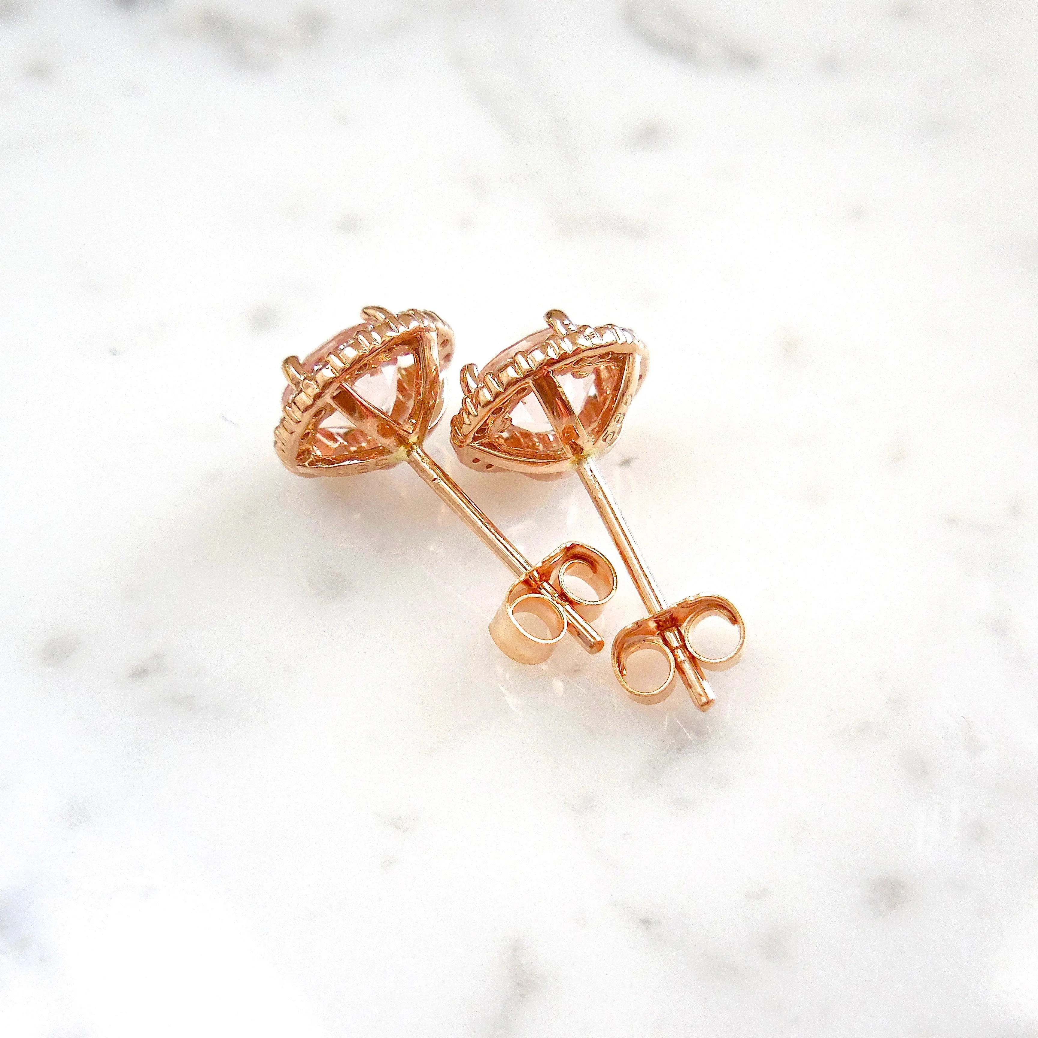 Morganite Diamond Earrings - Morganite Diamond Halo Stud Earrings - Morgniate Halo Studs - Round Morganite Studs Earrings