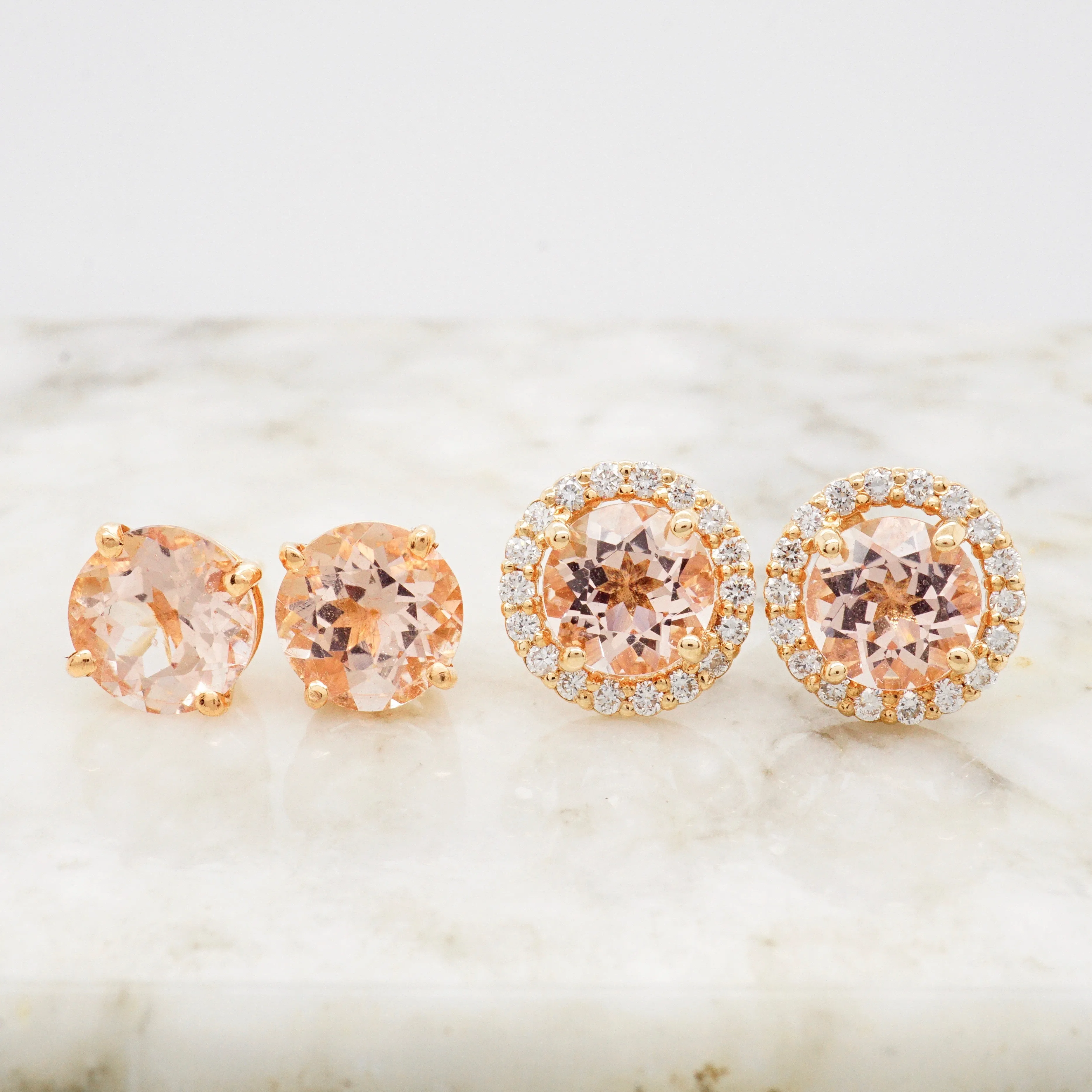 Morganite Diamond Earrings - Morganite Diamond Halo Stud Earrings - Morgniate Halo Studs - Round Morganite Studs Earrings