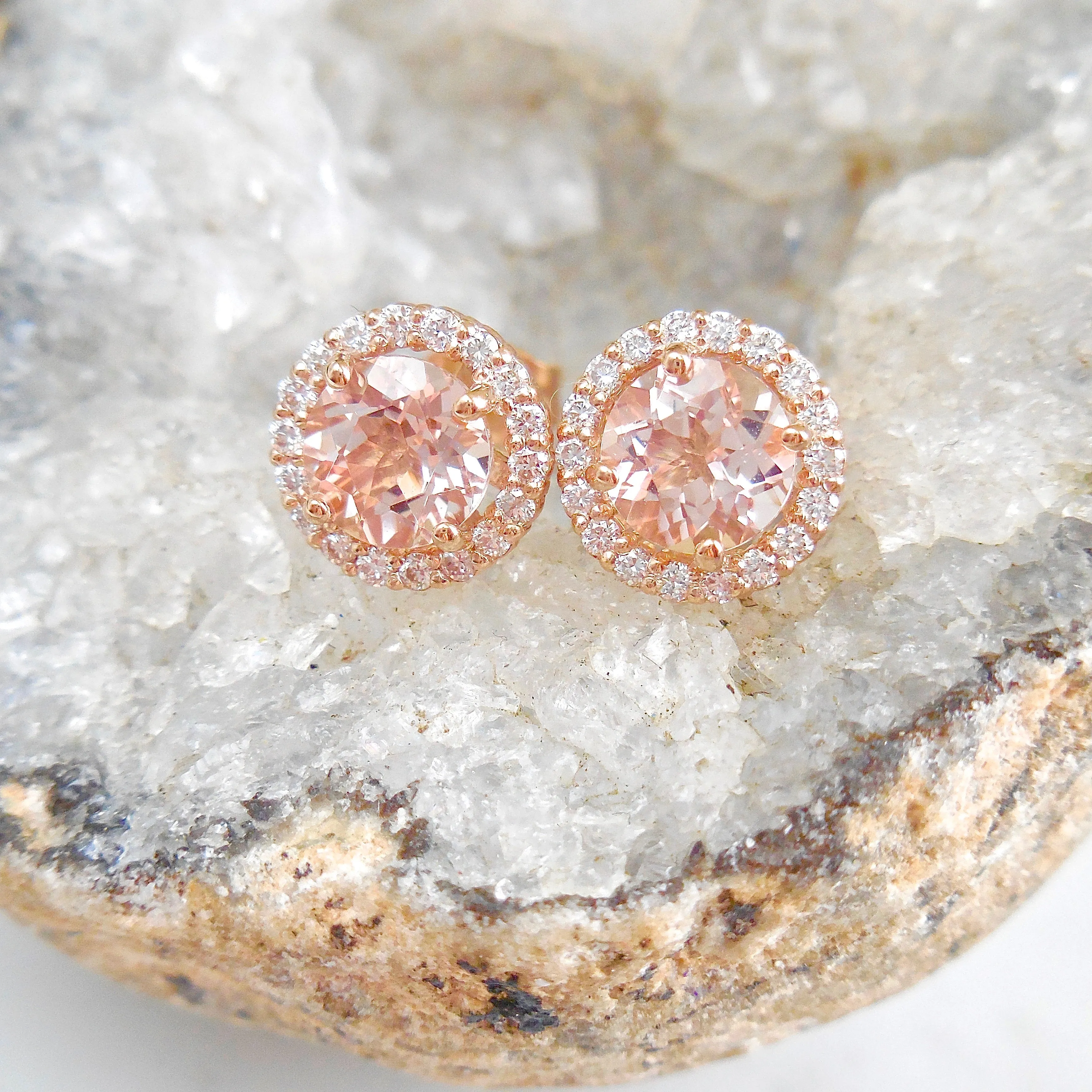 Morganite Diamond Earrings - Morganite Diamond Halo Stud Earrings - Morgniate Halo Studs - Round Morganite Studs Earrings