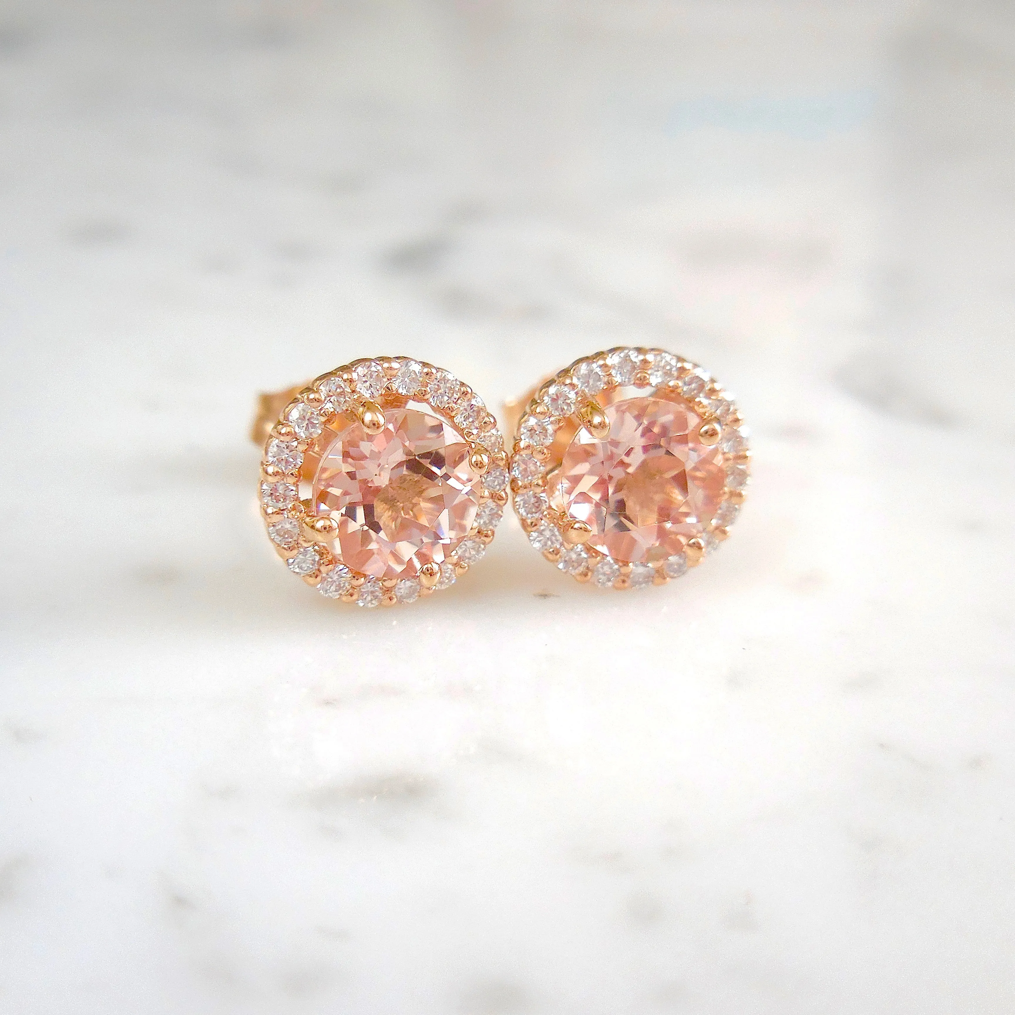 Morganite Diamond Earrings - Morganite Diamond Halo Stud Earrings - Morgniate Halo Studs - Round Morganite Studs Earrings