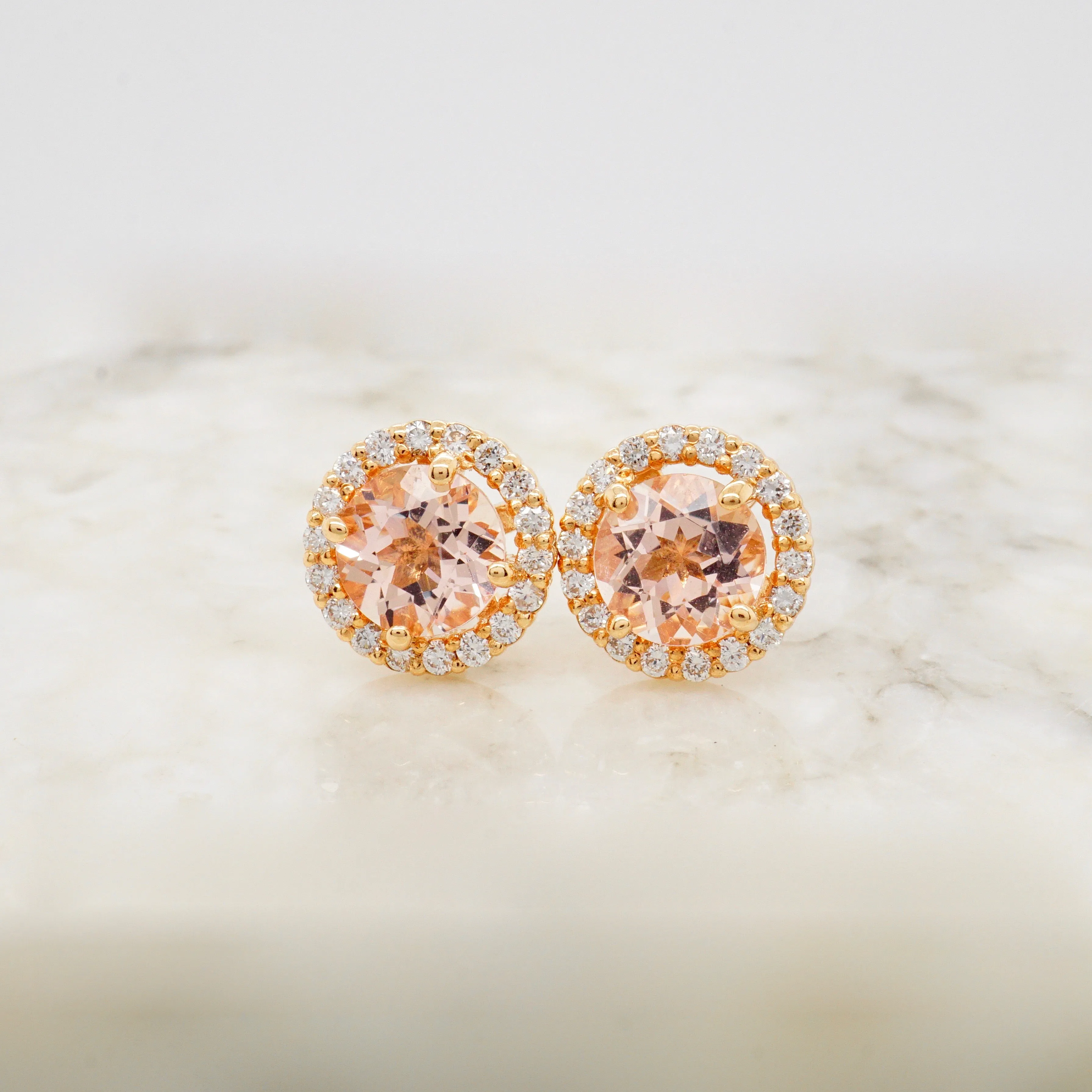 Morganite Diamond Earrings - Morganite Diamond Halo Stud Earrings - Morgniate Halo Studs - Round Morganite Studs Earrings