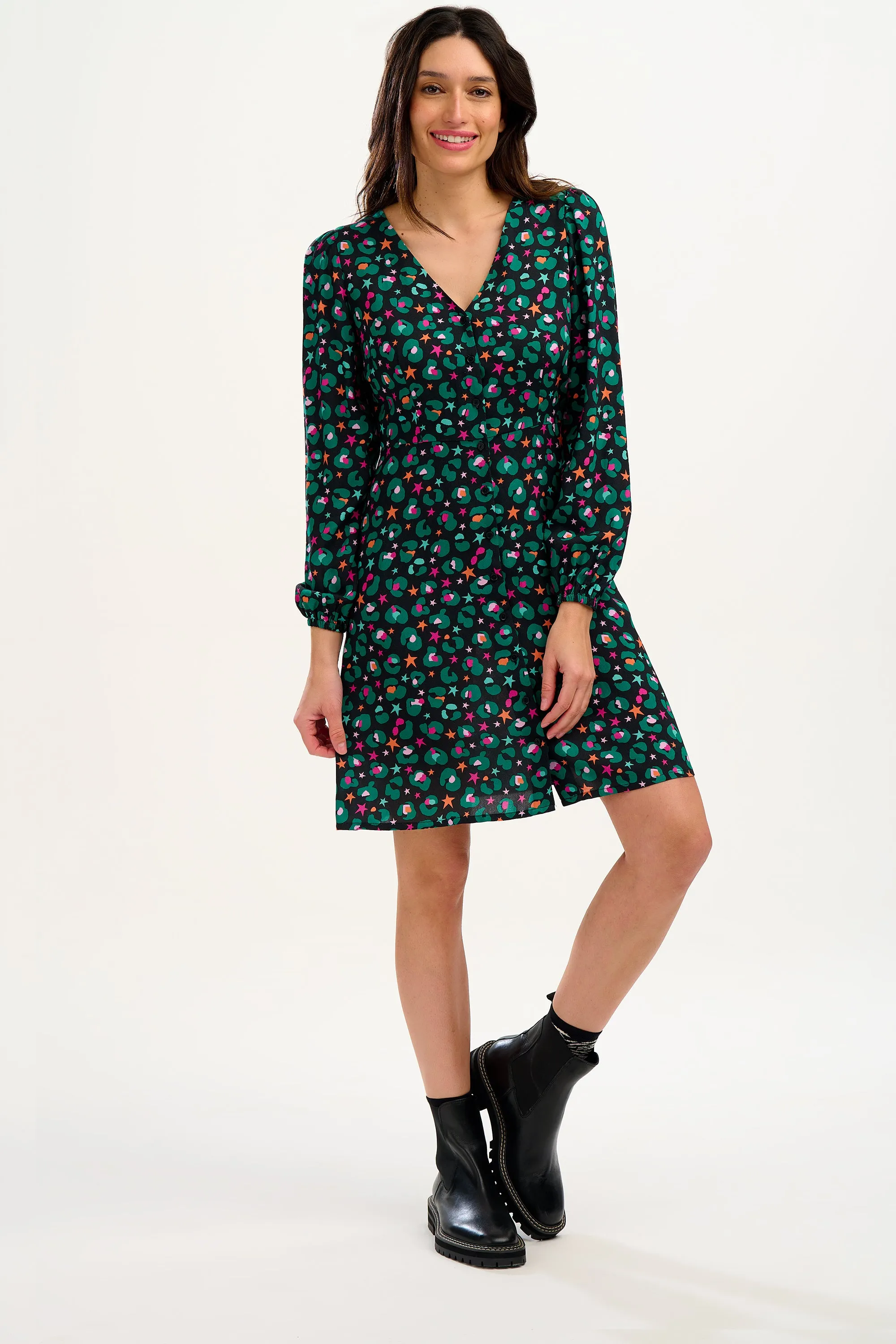 Natalia Tea Dress - Black/Multi, Star Leopard