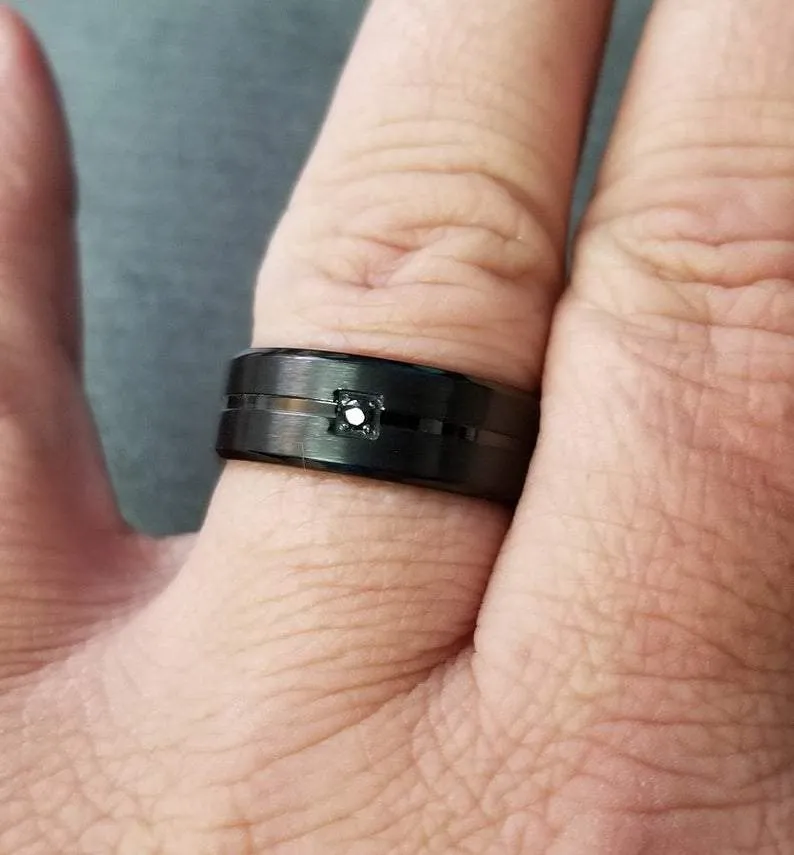 Personalized Men's Promise Ring - Matte Black Gem Center Groove Stainless Steel