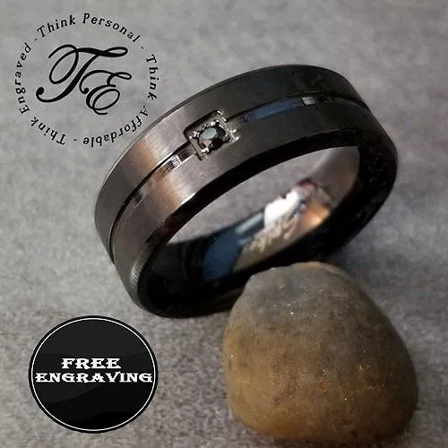 Personalized Men's Promise Ring - Matte Black Gem Center Groove Stainless Steel