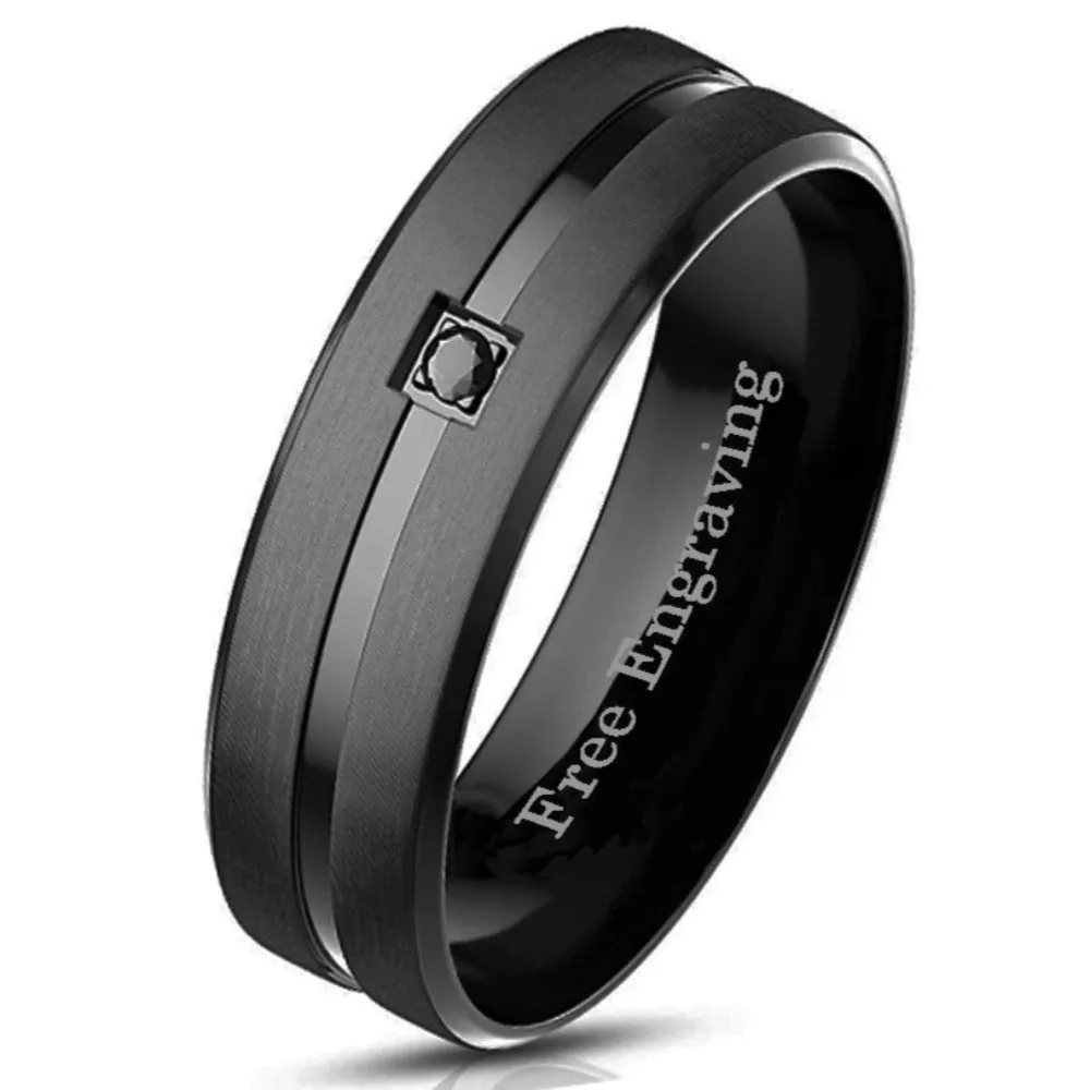 Personalized Men's Promise Ring - Matte Black Gem Center Groove Stainless Steel