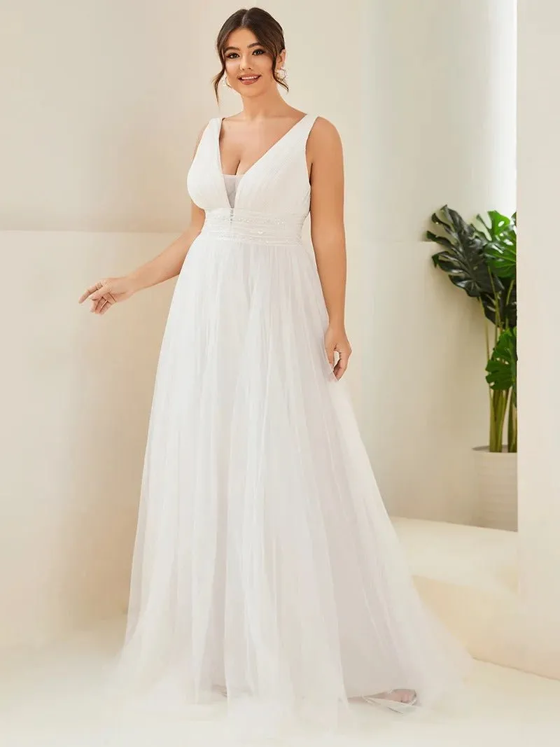 Plus Backless A Line Sleeveless Wedding Dresses with Deep V Neck