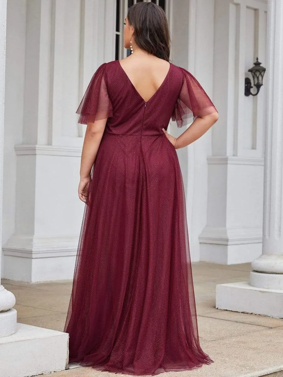 Plus Size V Neck Tulle Formal Evening Dress with Ruffle Sleeves