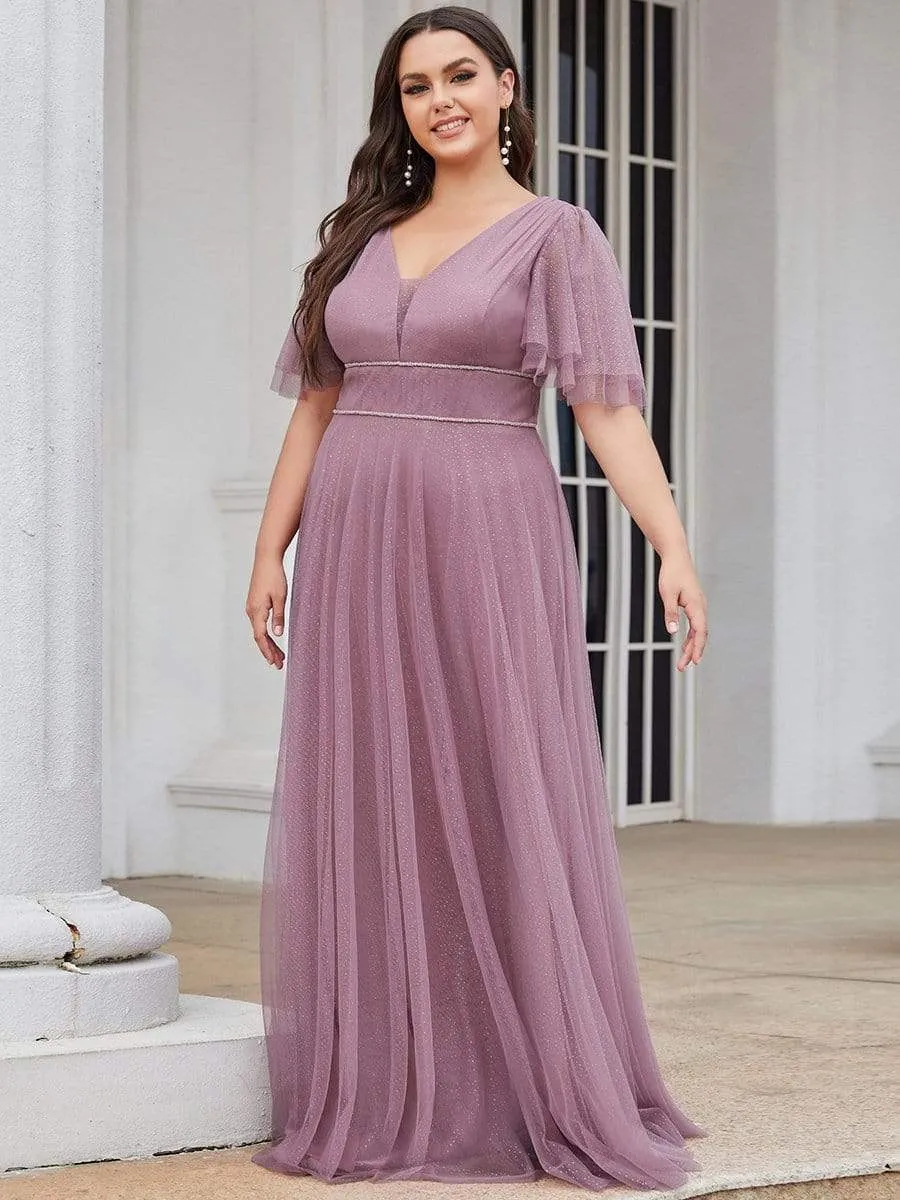 Plus Size V Neck Tulle Formal Evening Dress with Ruffle Sleeves