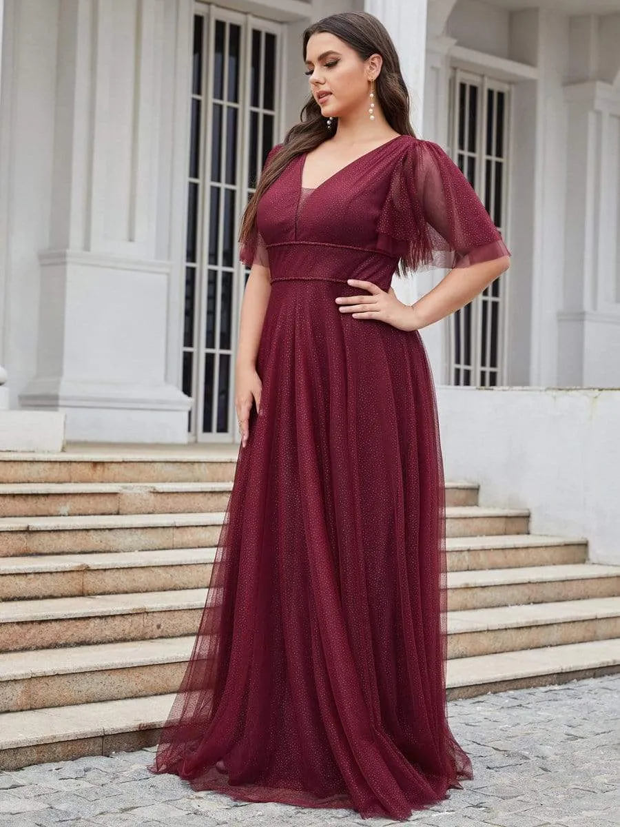 Plus Size V Neck Tulle Formal Evening Dress with Ruffle Sleeves