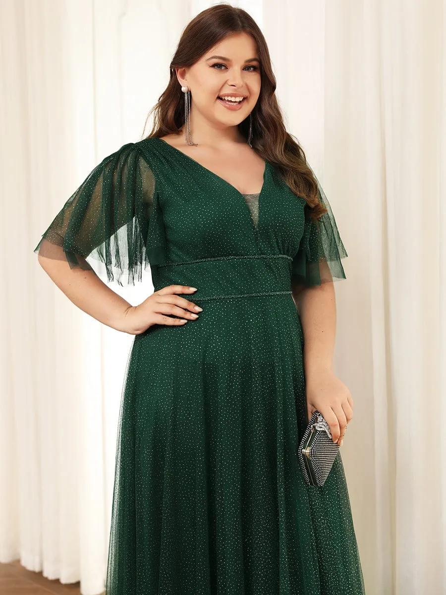 Plus Size V Neck Tulle Formal Evening Dress with Ruffle Sleeves