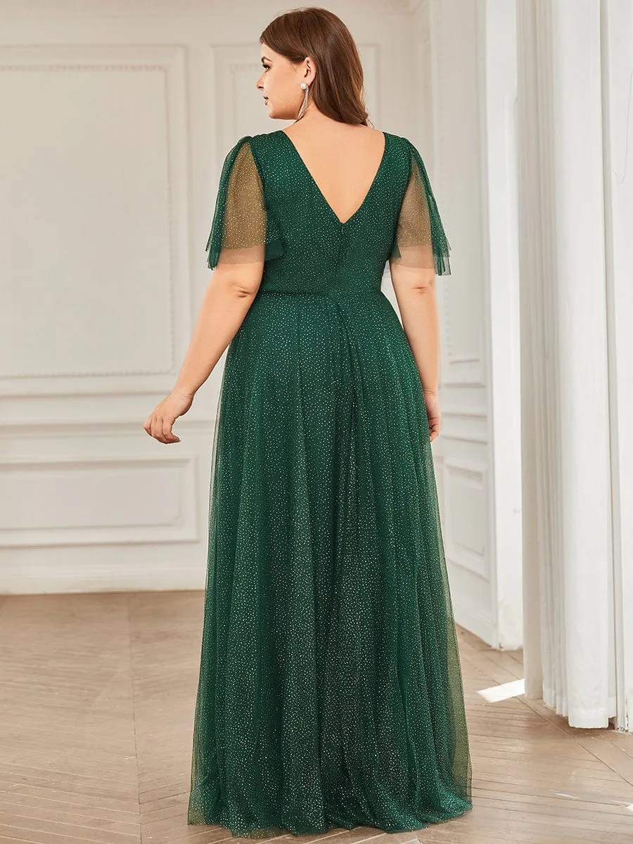 Plus Size V Neck Tulle Formal Evening Dress with Ruffle Sleeves