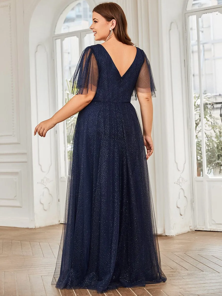 Plus Size V Neck Tulle Formal Evening Dress with Ruffle Sleeves