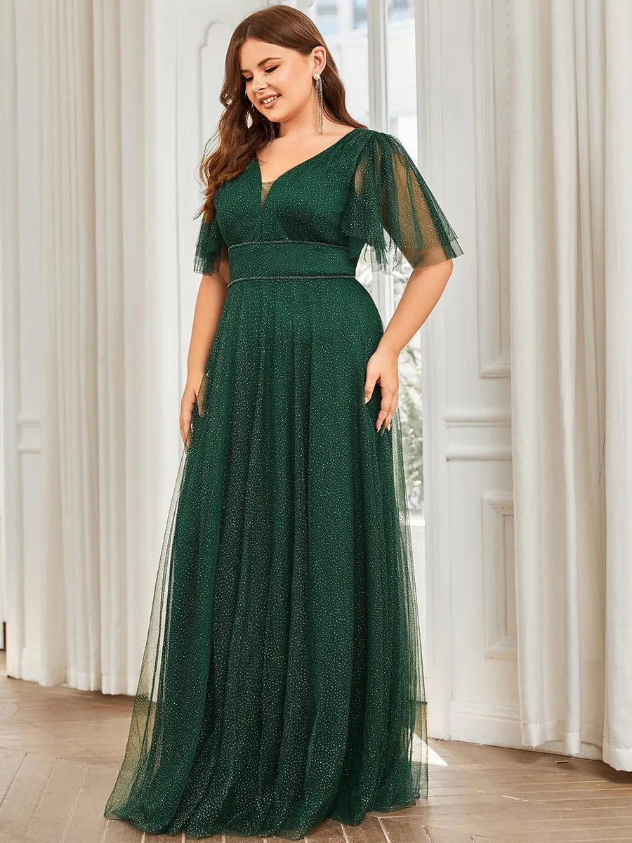 Plus Size V Neck Tulle Formal Evening Dress with Ruffle Sleeves