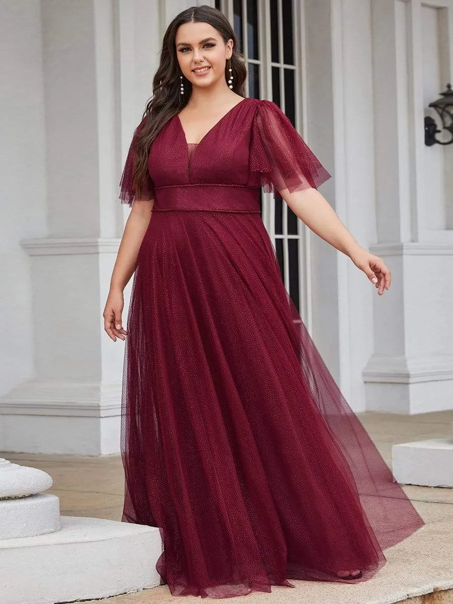 Plus Size V Neck Tulle Formal Evening Dress with Ruffle Sleeves