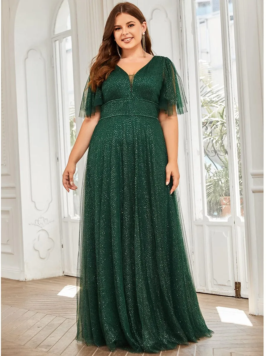 Plus Size V Neck Tulle Formal Evening Dress with Ruffle Sleeves