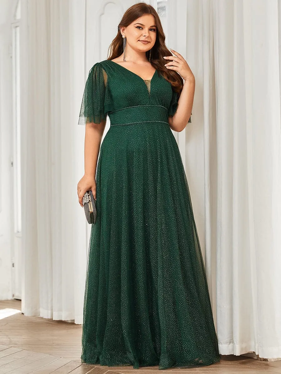 Plus Size V Neck Tulle Formal Evening Dress with Ruffle Sleeves