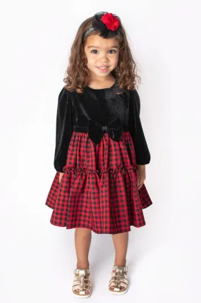 Popatu Little Girl's Long Sleeve Velvet Plaid Dress