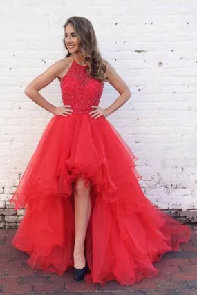 Red Asymmetrical A Line Halter Sleeveless Ruffles Beading Prom Dresses