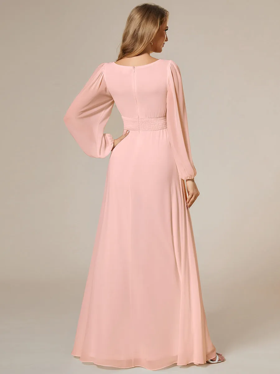 Round Neck Wholesale Bridesmaid Dresses with Long Lantern Sleeves