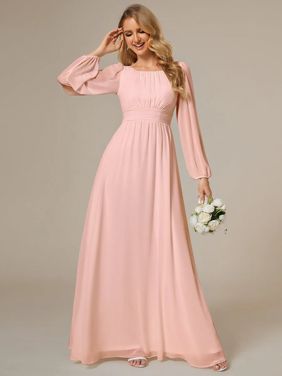 Round Neck Wholesale Bridesmaid Dresses with Long Lantern Sleeves