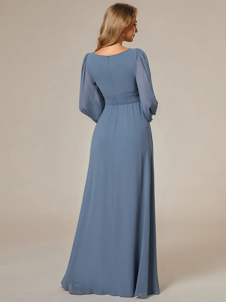 Round Neck Wholesale Bridesmaid Dresses with Long Lantern Sleeves