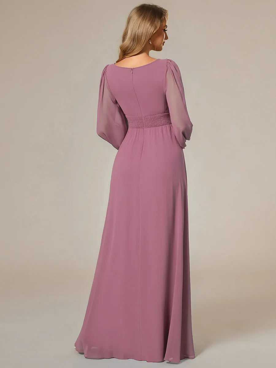 Round Neck Wholesale Bridesmaid Dresses with Long Lantern Sleeves