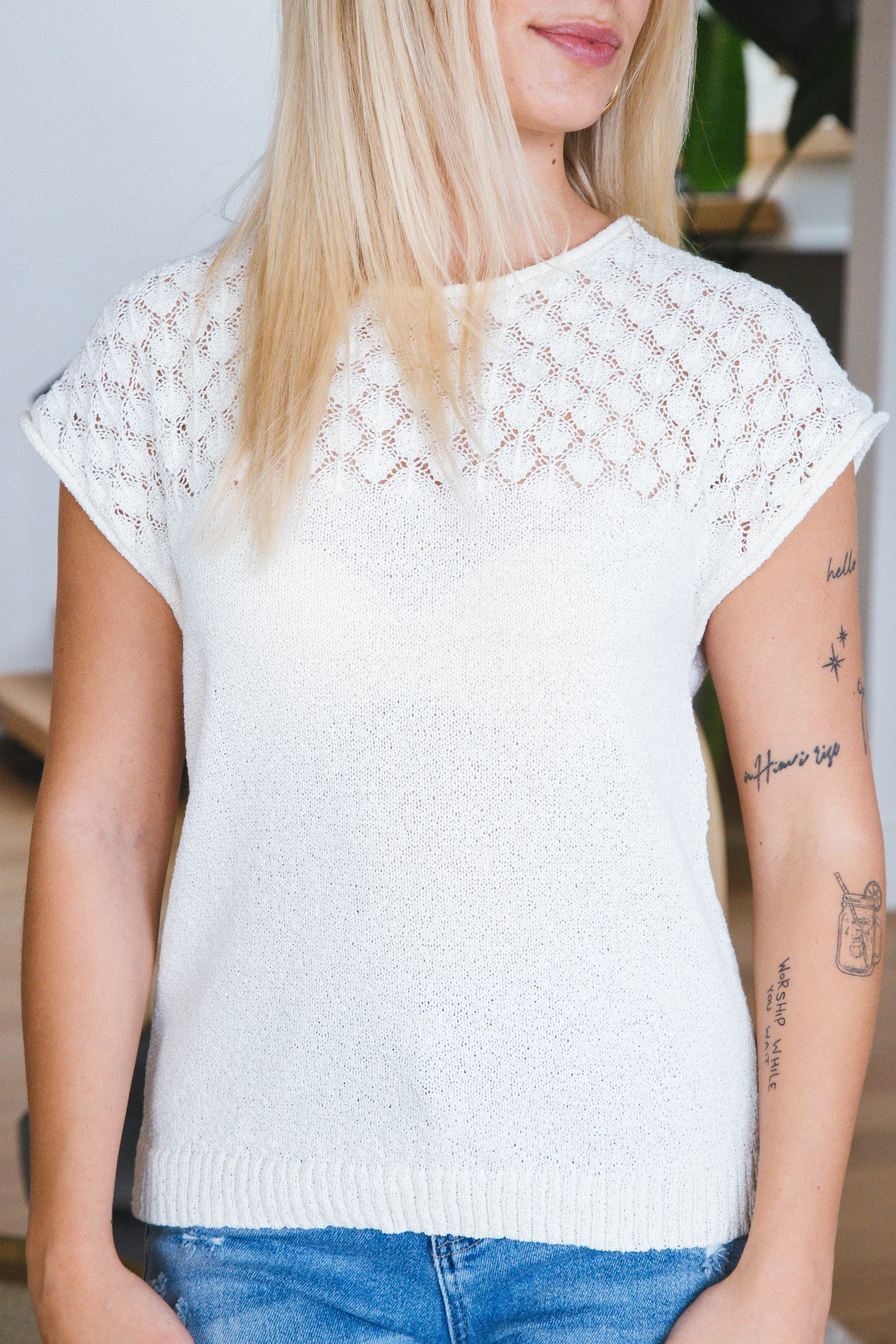 Ruby Eyelet Yoke Sweater Top, Ivory