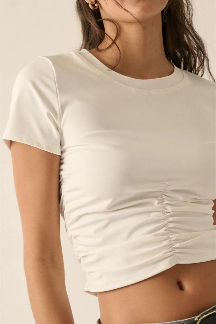 Ruched Short Sleeve Crop Top - White