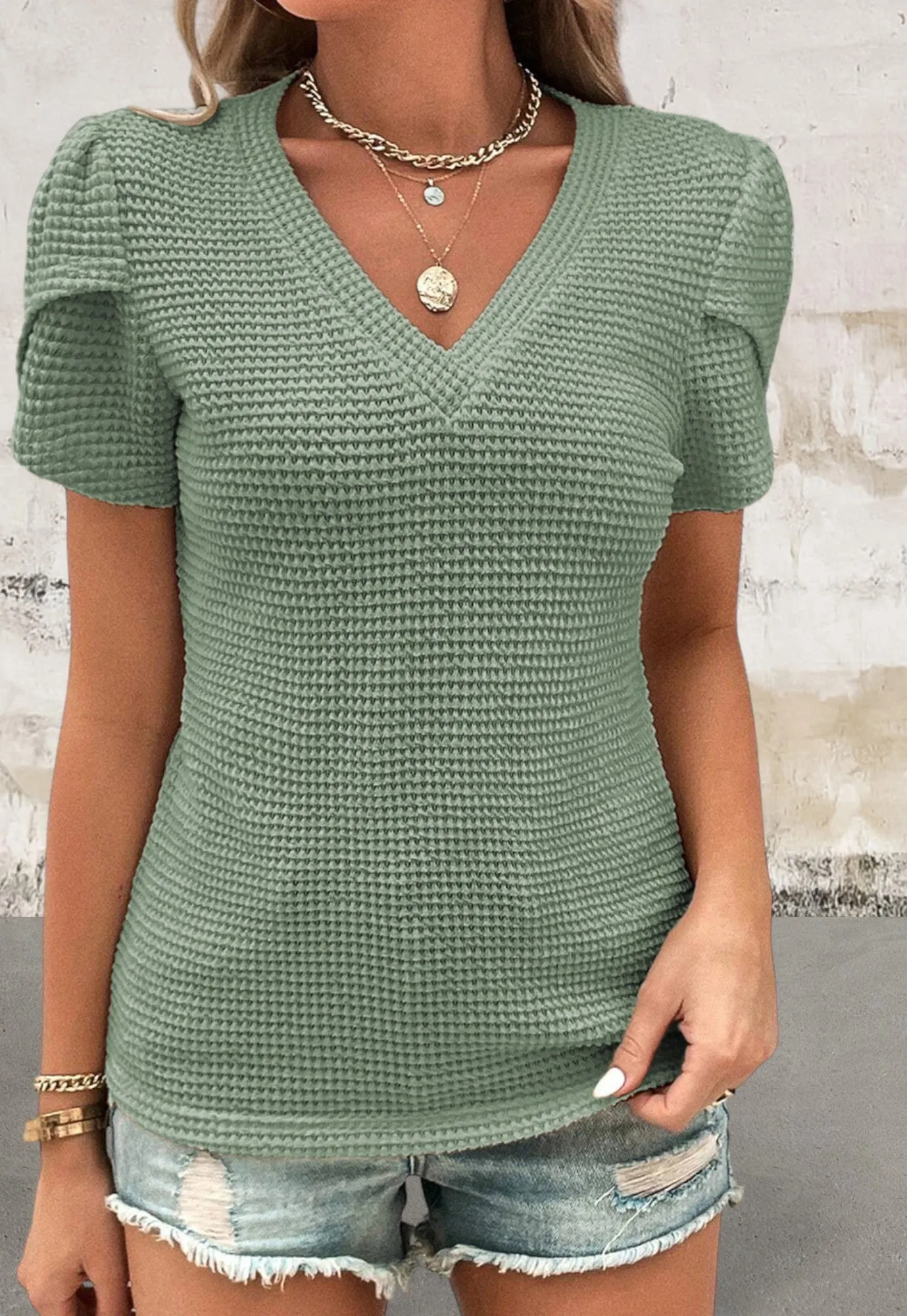 Short Sleeve V Neck Waffle Knit Top