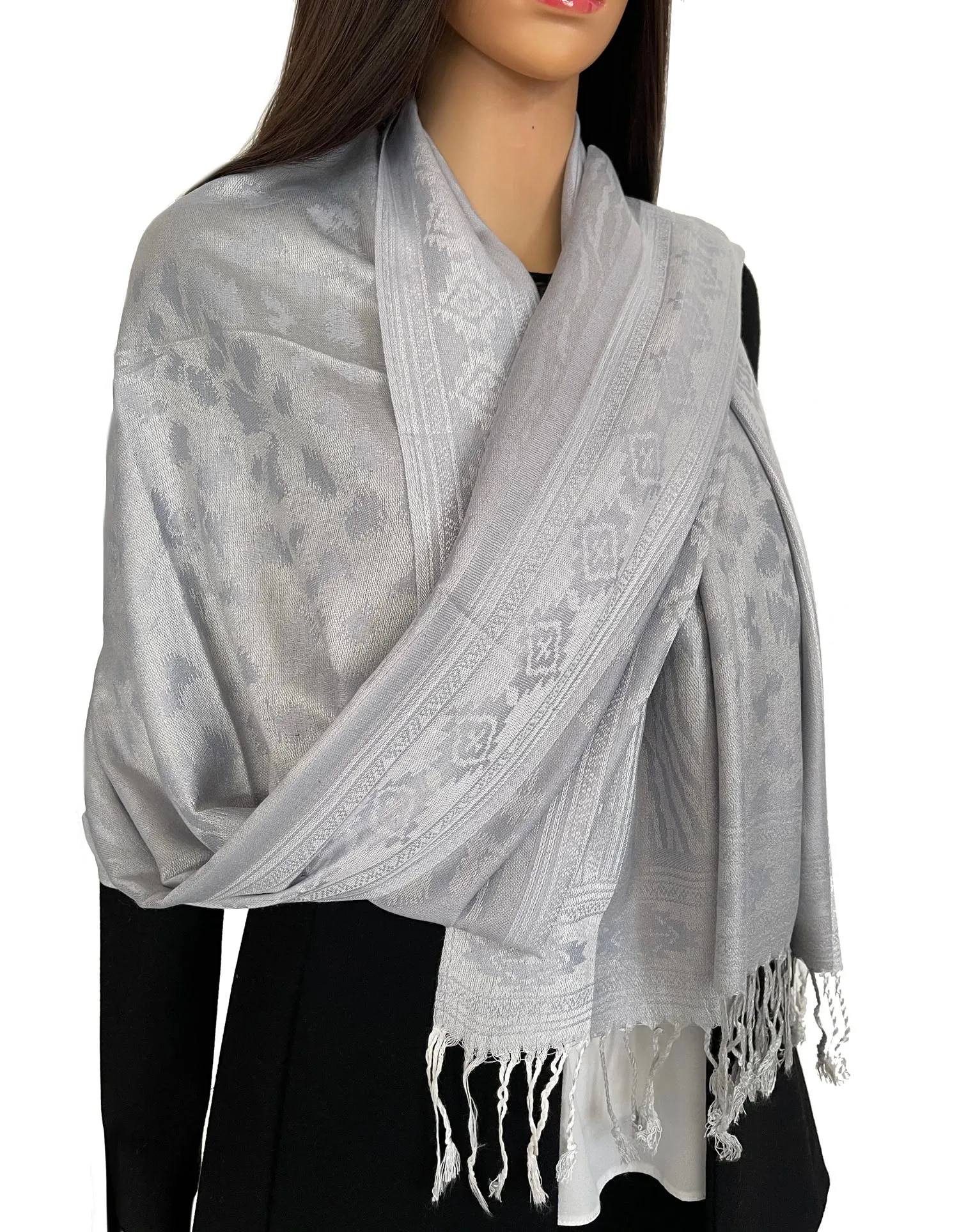 SILVER GREY ANIMAL PRINT REVERSIBLE PASHMINA SHAWL SCARF