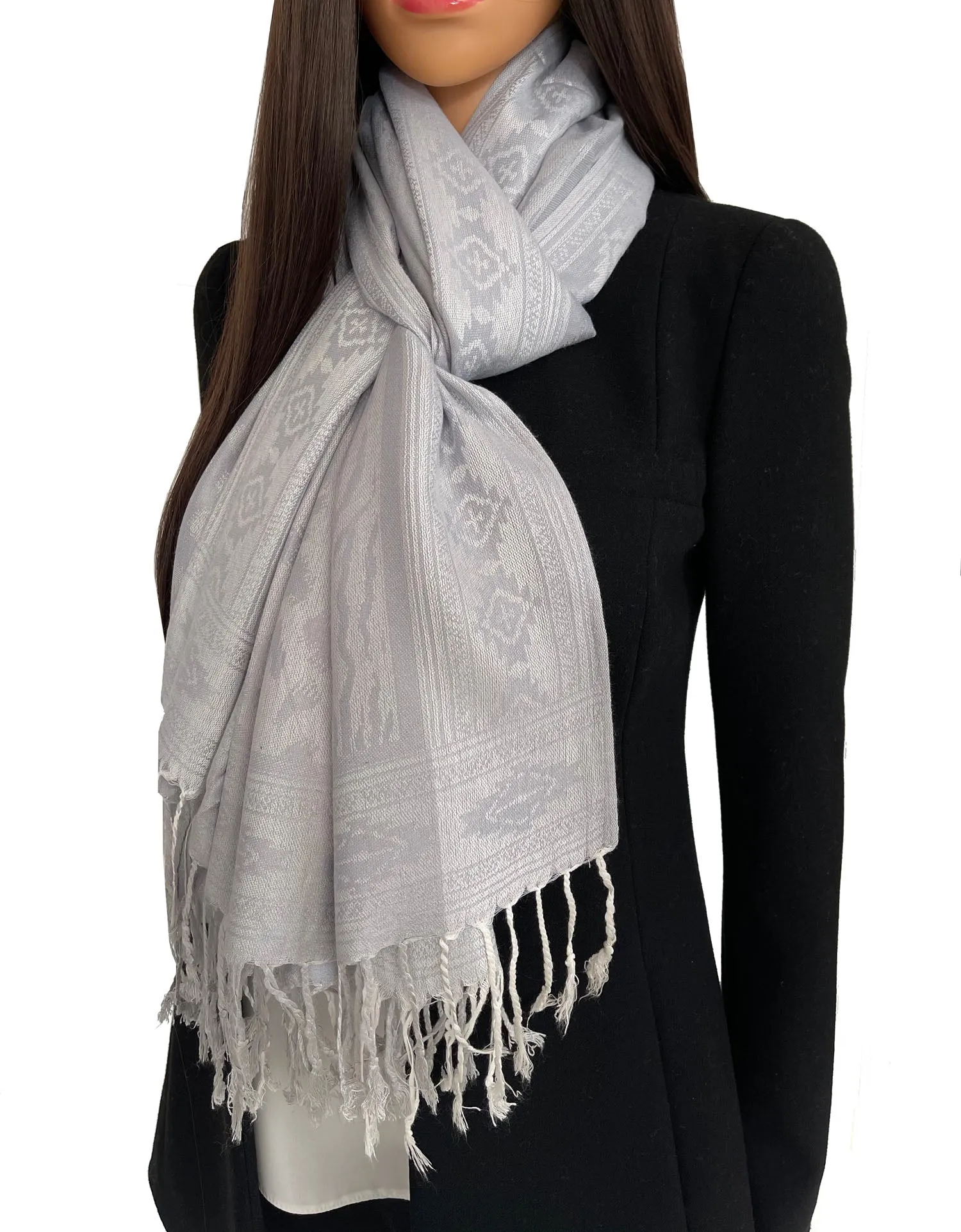 SILVER GREY ANIMAL PRINT REVERSIBLE PASHMINA SHAWL SCARF