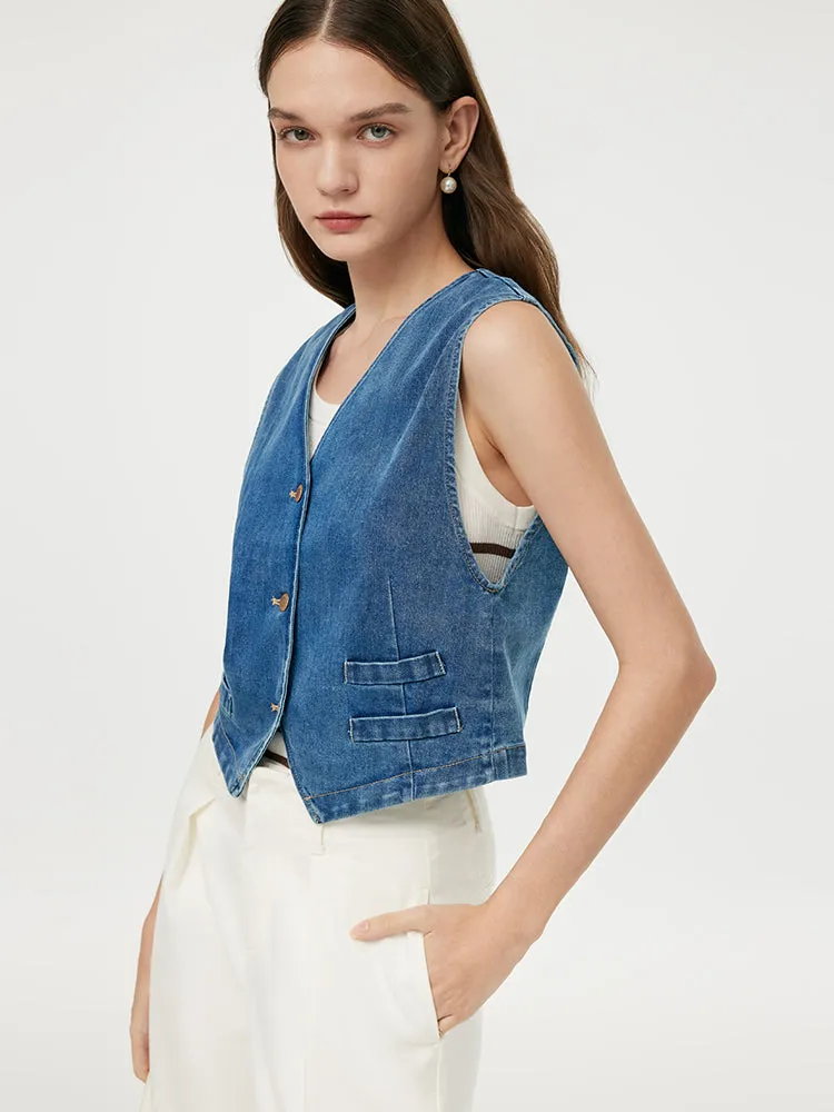 Single-Breasted Women Denim Crop Vest