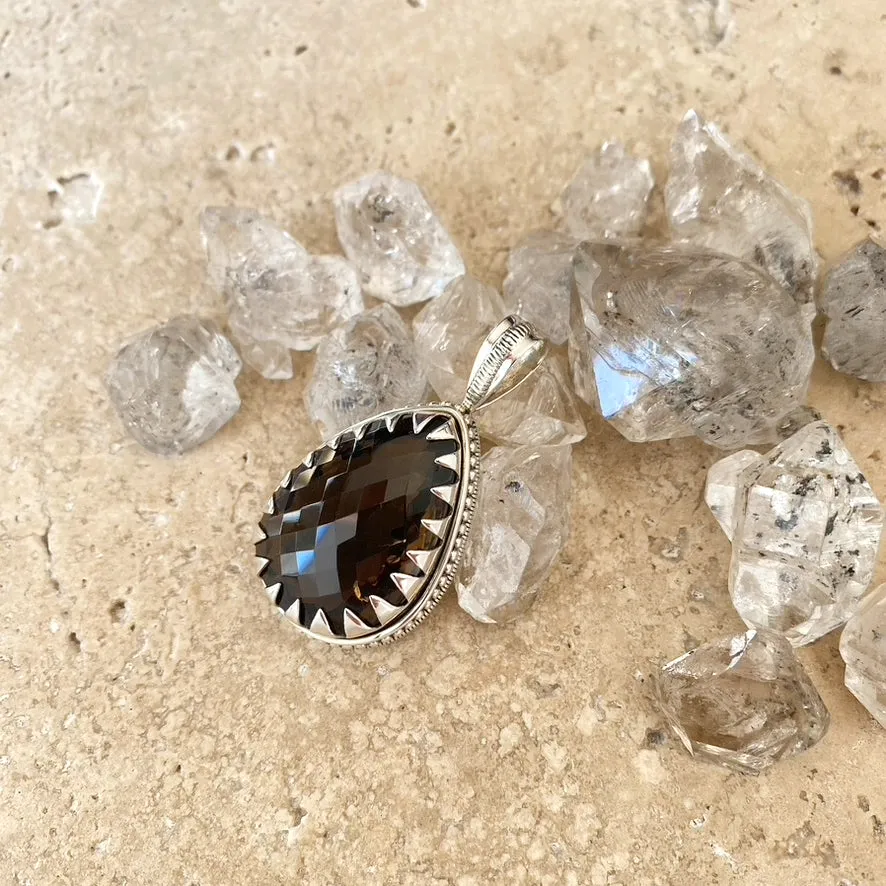 Smoky Quartz Pendant with a Rose Faceted Teardrop Gem - Anjali