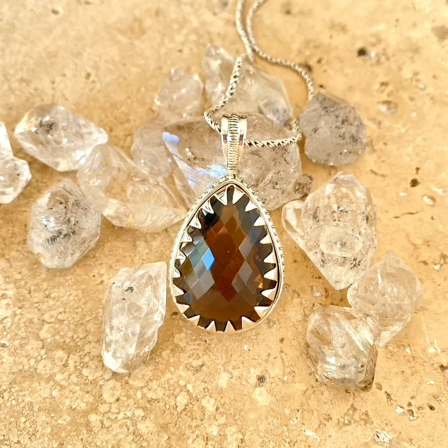 Smoky Quartz Pendant with a Rose Faceted Teardrop Gem - Anjali