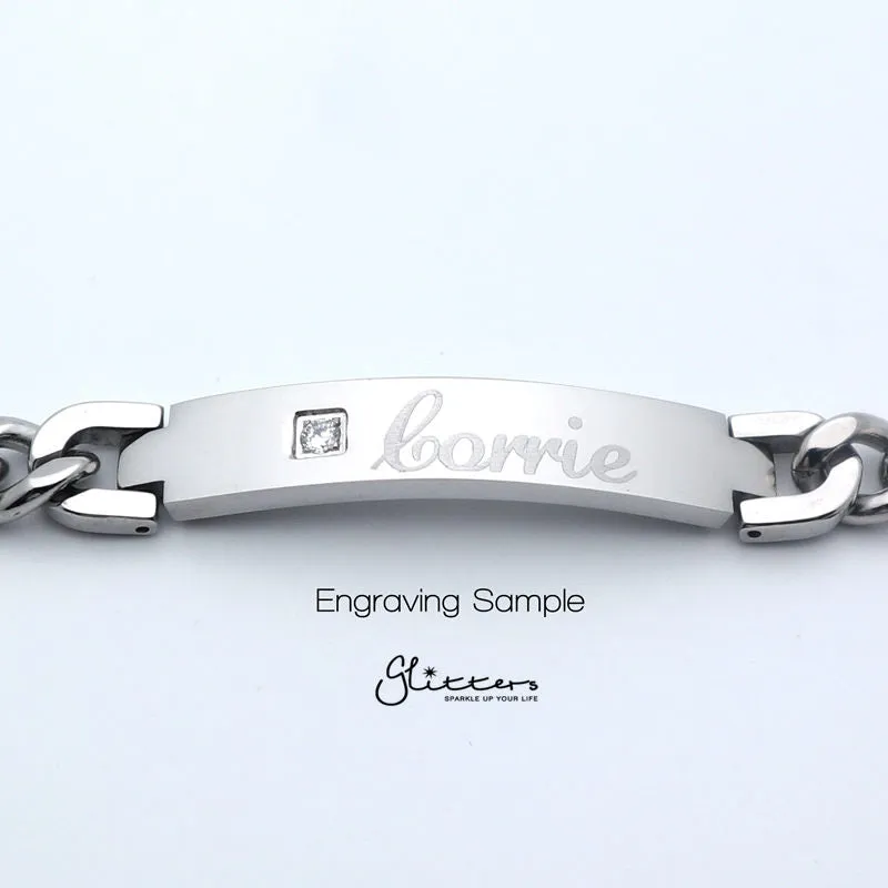 Stainless Steel Men's ID Bracelet with A Cubic Zirconia Stone   Engraving